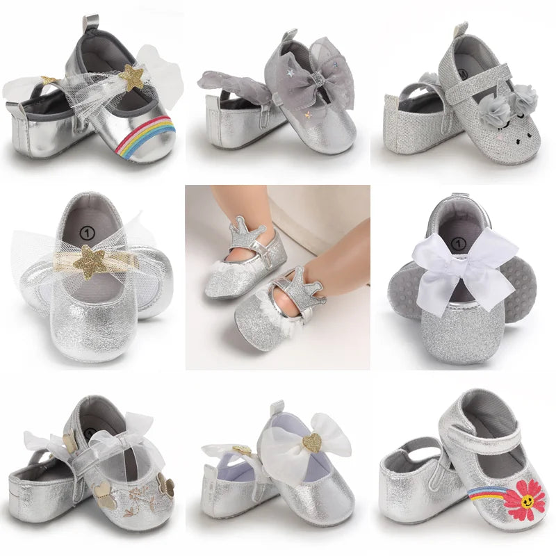 Cute 0-18M Spring Newborn Silver Baby Shoes Non Slip Cloth Bottom Girl Shoes Elegant Breathable Casual Baby First Walking Shoes