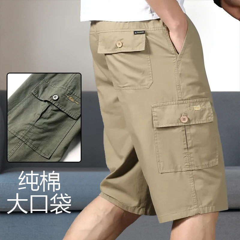 Men's Cargo Shorts Knee Pants Zipper Pocket Summer Cotton Shorts Climbing Jogger Elastic Waist Sports Wear
