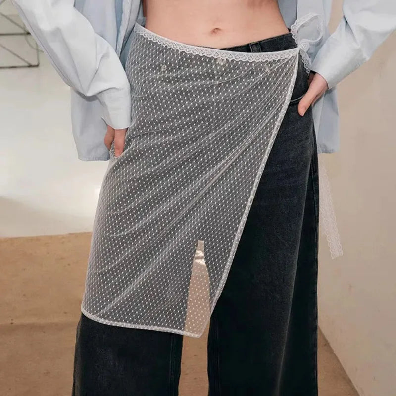 New Fashion Lace Layered Gauze Skirt with Tie Up Spicy Girl Stacked Skirt Y2k Streetwear Apron Wrap Skirt Lace Up Matching Pants