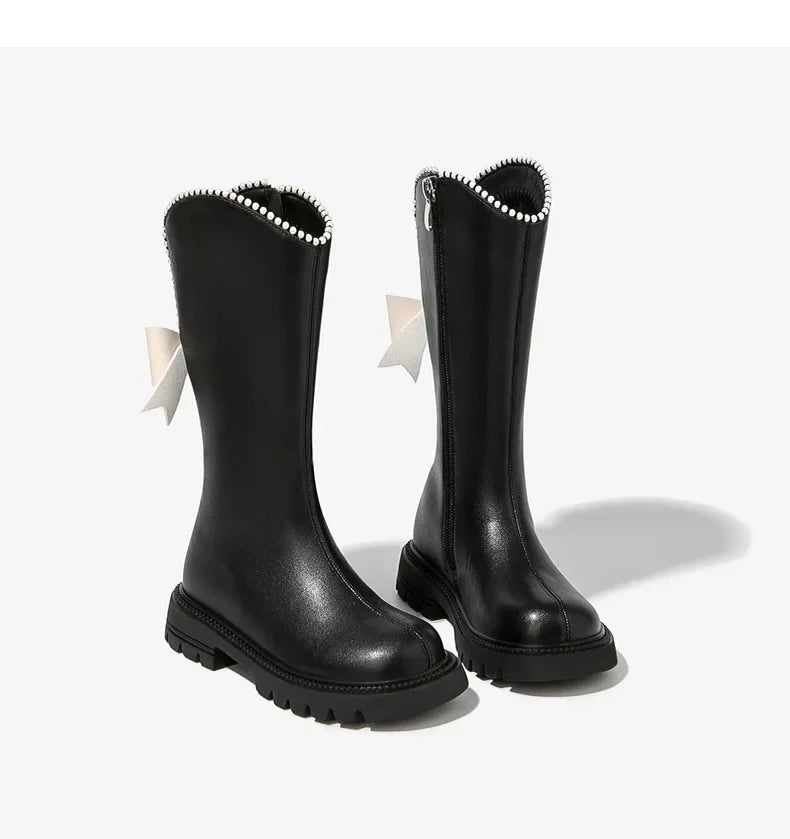 Long Boots for Girls and Children 2025 New Winter Long Leather Boots Princess Foreign Girls Plus Cashmere Shoes