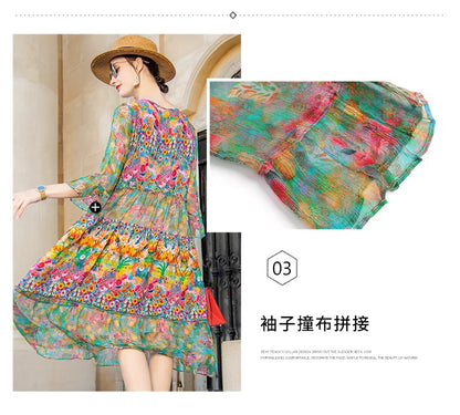 High Quality Summer 2025 Beach Boho Vintage Print Chiffon V Neck Dress Elegant Party Robe Designer Vespids Loose Midi Dress