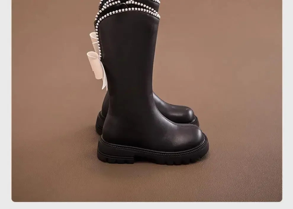 Long Boots for Girls and Children 2025 New Winter Long Leather Boots Princess Foreign Girls Plus Cashmere Shoes