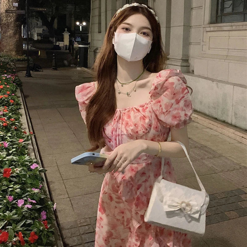 Short Sleeve French Elegant Dress Beach Floral One Piece Beach Midi Dress