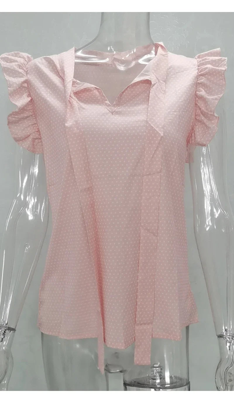 Summer Women Elegant Ruffles Sleeveless Polka Pot Lace Up Tie Bow Blouses and Shirts Casual Oversize Tops Sexy Pullover Tunic