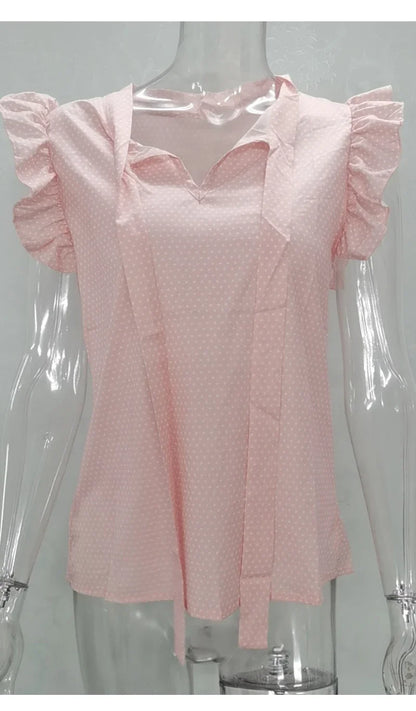 Summer Women Elegant Ruffles Sleeveless Polka Pot Lace Up Tie Bow Blouses and Shirts Casual Oversize Tops Sexy Pullover Tunic