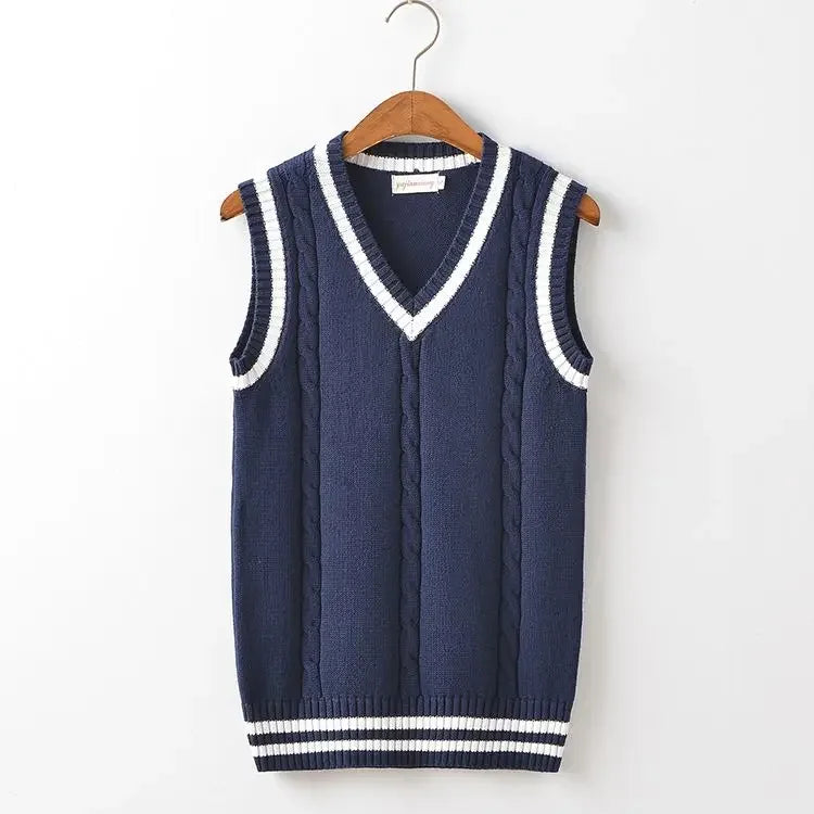 Striped White Knitted Sweaters for Men Blue Sleeveless Man Clothes V Neck Vest Red Waistcoat Jumpers Sweat-shirt Cotton