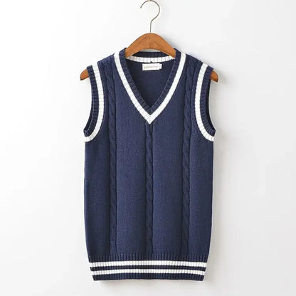 Striped White Knitted Sweaters for Men Blue Sleeveless Man Clothes V Neck Vest Red Waistcoat Jumpers Sweat-shirt Cotton