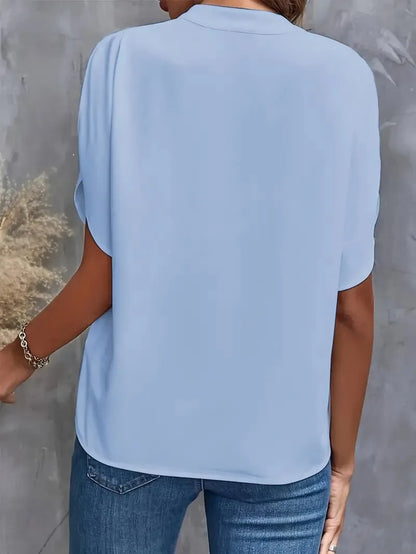 Summer Elegant Women's Blouse New V-neck Short Sleeve Solid Color Loose Shirt Casual White Tops Office Lady Blouse