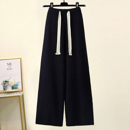 Winter Warm Knit wears Sets For Women Turtleneck Long Sleeve Pullover Sweater+ high Waist Wide Leg Drawstring Knitted Pants Sets