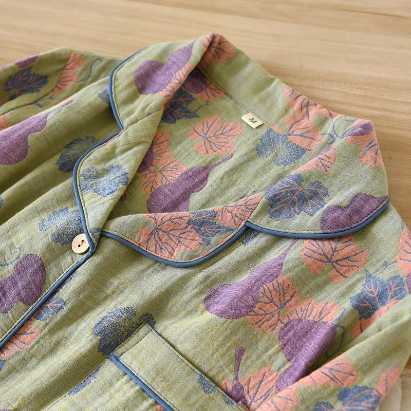 Japanese Spring and Autumn New Women's Pajama Set 100% Cotton Vintage Long Sleeved Pants Two Piece Set for Home Furnishings