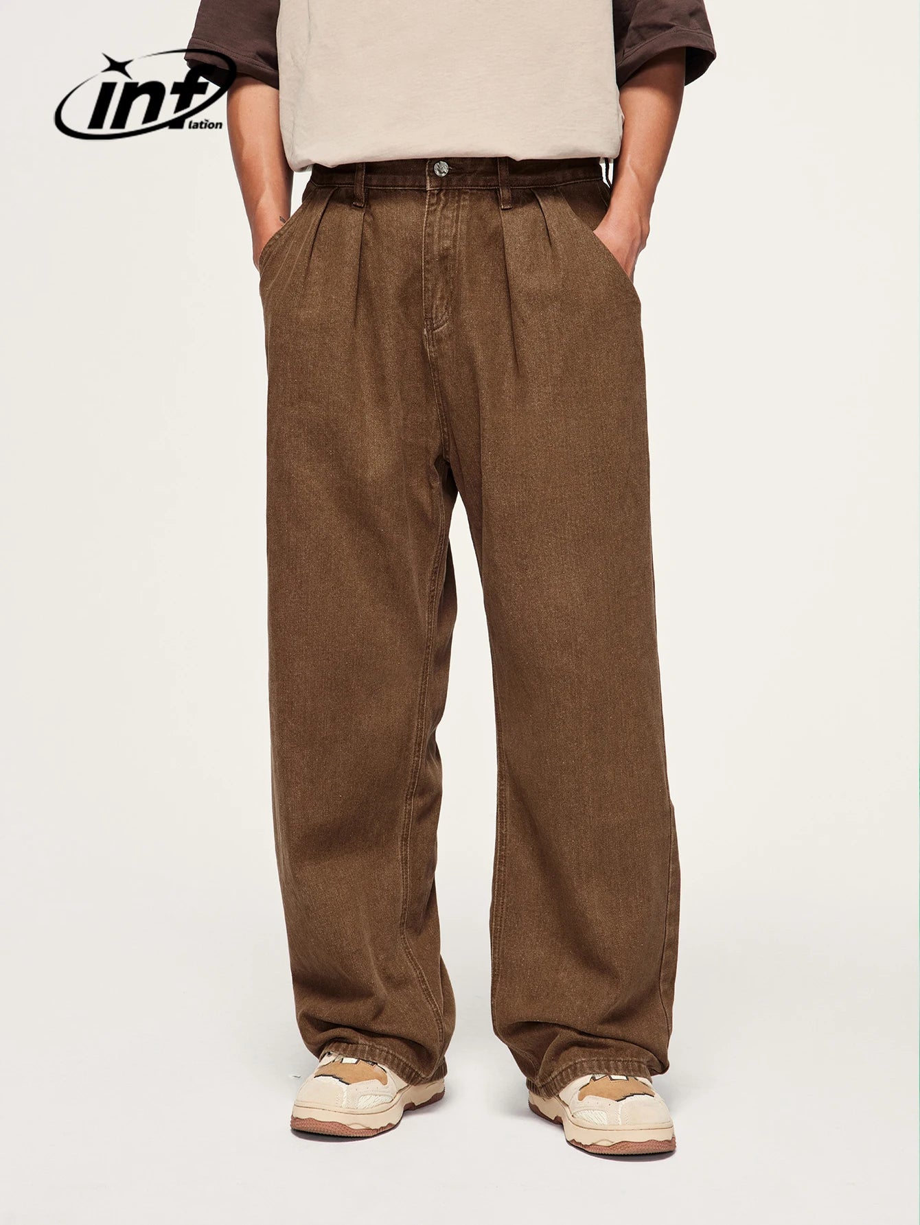 INFLATION Brown Retro Washed Denim Pants Unisex Classic Straight Leg Jeans Male Trouser Plus Size