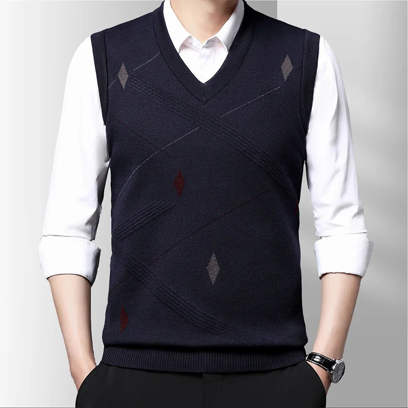 Men's Vest Knitted V-neck Young Business Sleeveless Jacquard Banquet Base Fashion Men's Vest
