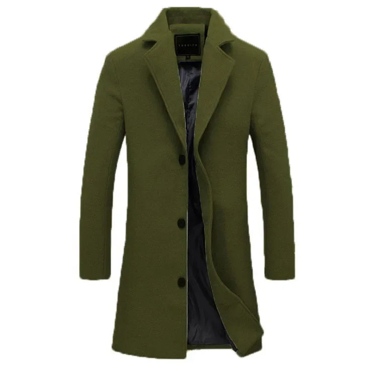 Autumn Winter Fashion Men's Woolen Coats Solid Color Single Breasted Lapel Long Coat Jacket Casual Overcoat Plus Size 9 Colors