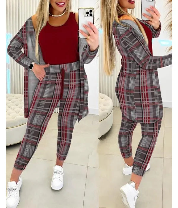 Elegant Fall Outfits Women 2025 Suit Fashion Versatile Casual Round Neck Tank Top & Drawstring Pants Set with Coat Three-piece