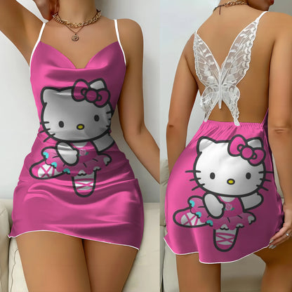 Mini Dress Pajama Skirt Hello Kitty Sexy Dresses Off Shoulder Bow Knot Satin Surface Women's Fashion Summer 2024 Short Party Lace