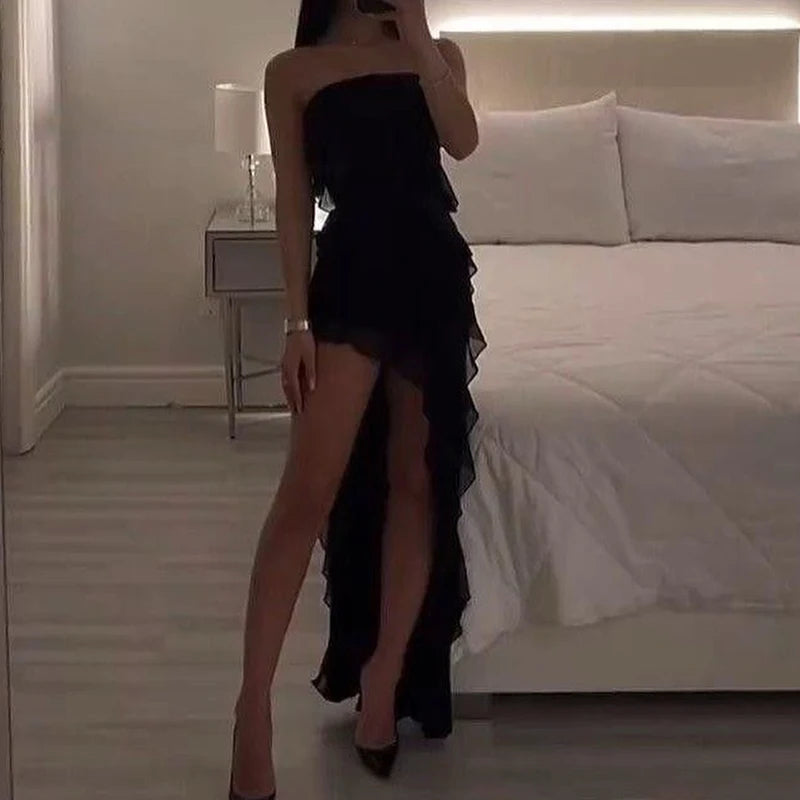 Women Strapless Sexy Floral Fold Hemline High Slit Mini Dress 2025 Solid Backless Sleeveless Black And Pink Party Dress Vestidos