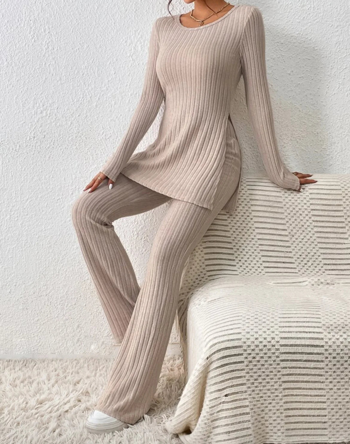 Autumn Winter Women's Clothing New Style Solid Color Sexy Casual Long Sleeved Round Neck Slit Fashion Temperament Two-piece Set