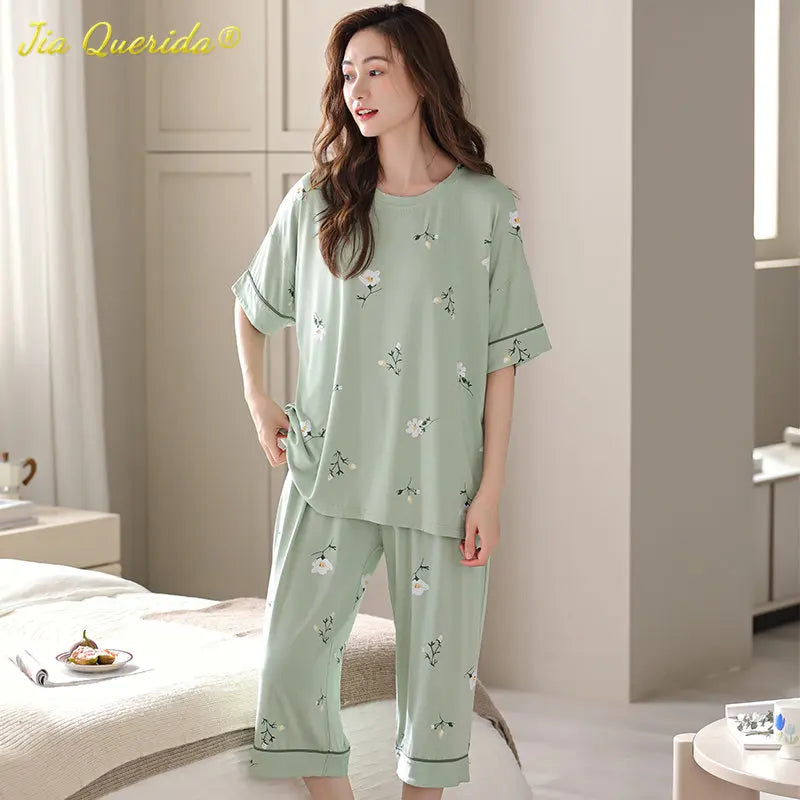 SUKAE M-5XL Cool Modal Woman's Pajamas Summer Plus Size Calf-length Pijamas Casual Knee-length Home suits Women's Capris Sleepwear