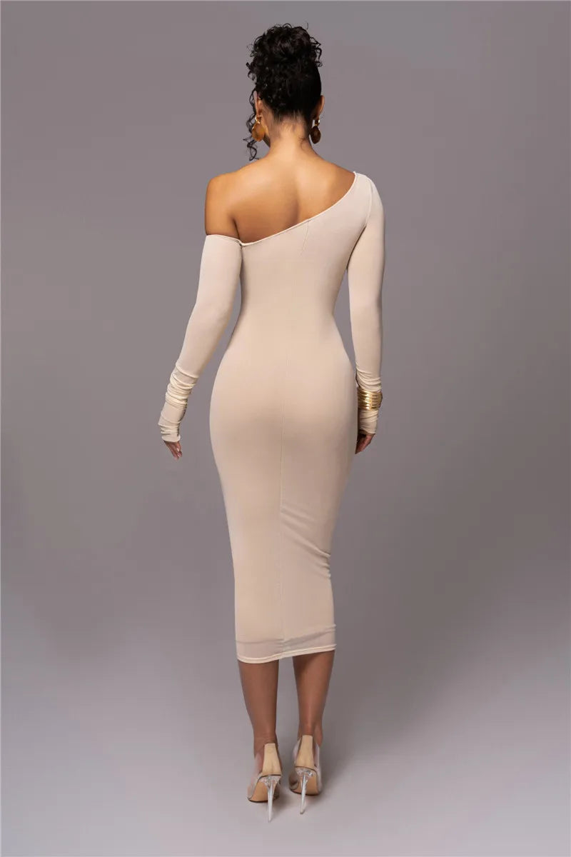 Diagonal Collar Long Sleeve Midi Dress For Women Two Layer Mesh Backless Ruched Bodycon Club Party Sexy Long Dress