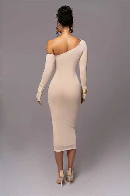 Diagonal Collar Long Sleeve Midi Dress For Women Two Layer Mesh Backless Ruched Bodycon Club Party Sexy Long Dress