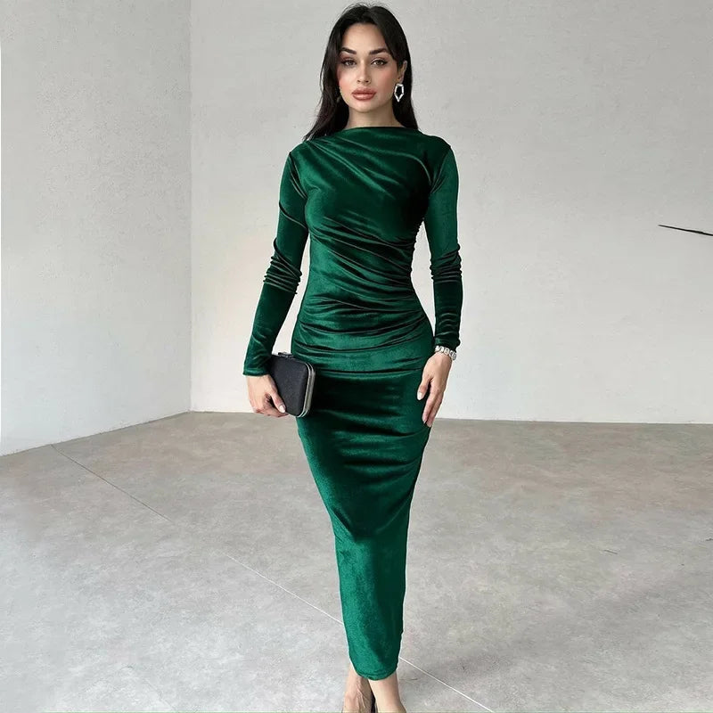 BWQ 2025 Spring Summer Velvet Long Sleeve Midi Dress For Women Ruched Long Dress Elegant Party Clothes Evening Green Outfits