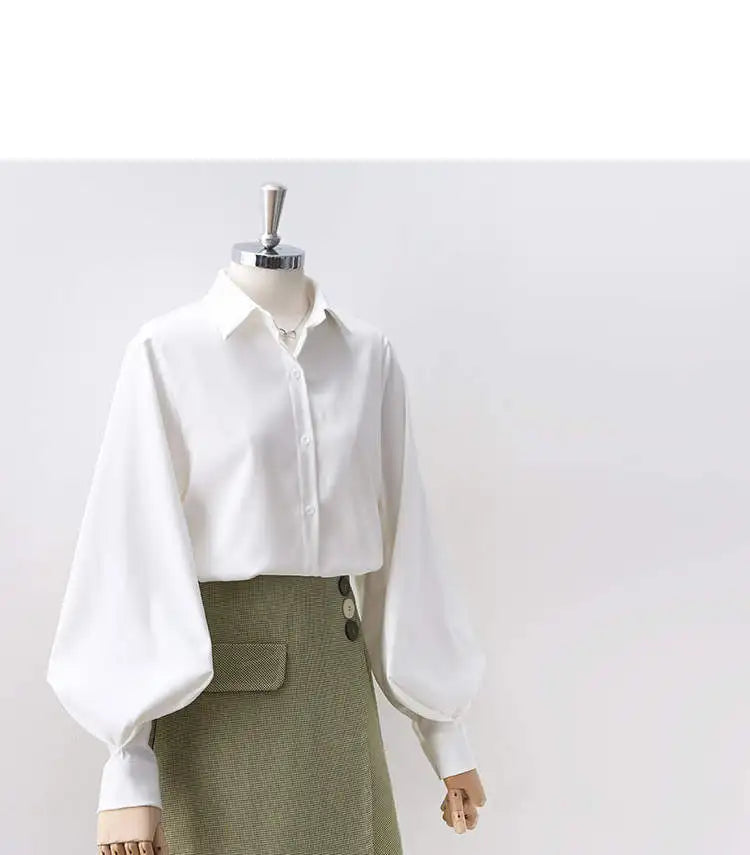 Lantern Sleeves Vintage Shirts Women Elegant White Women's Blouse with Lush Sleeves 2025 Fashion Button Up Shirt Black dropship