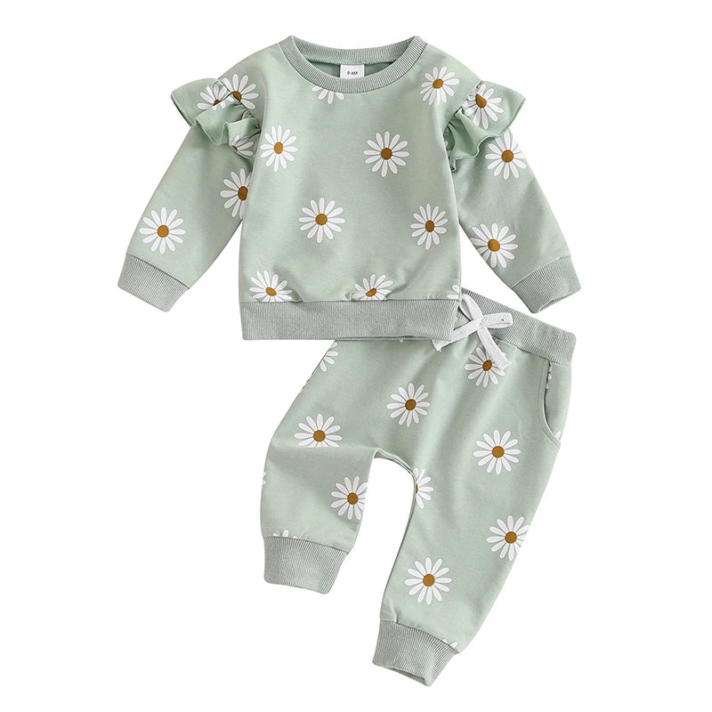 2025 Lorrainian Toddler Girl Fall Outfit Daisy Print Long Sleeve Sweatshirt with Elastic Waist Pants 2 Pcs Set