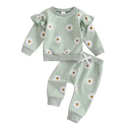 2025 Lorrainian Toddler Girl Fall Outfit Daisy Print Long Sleeve Sweatshirt with Elastic Waist Pants 2 Pcs Set