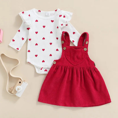 0 to 18 Months Baby Girl Skirt Sets Spring Autumn Clothes Heart Pattern Ruffle Long Sleeve Bodysuit + Suspender Skirt