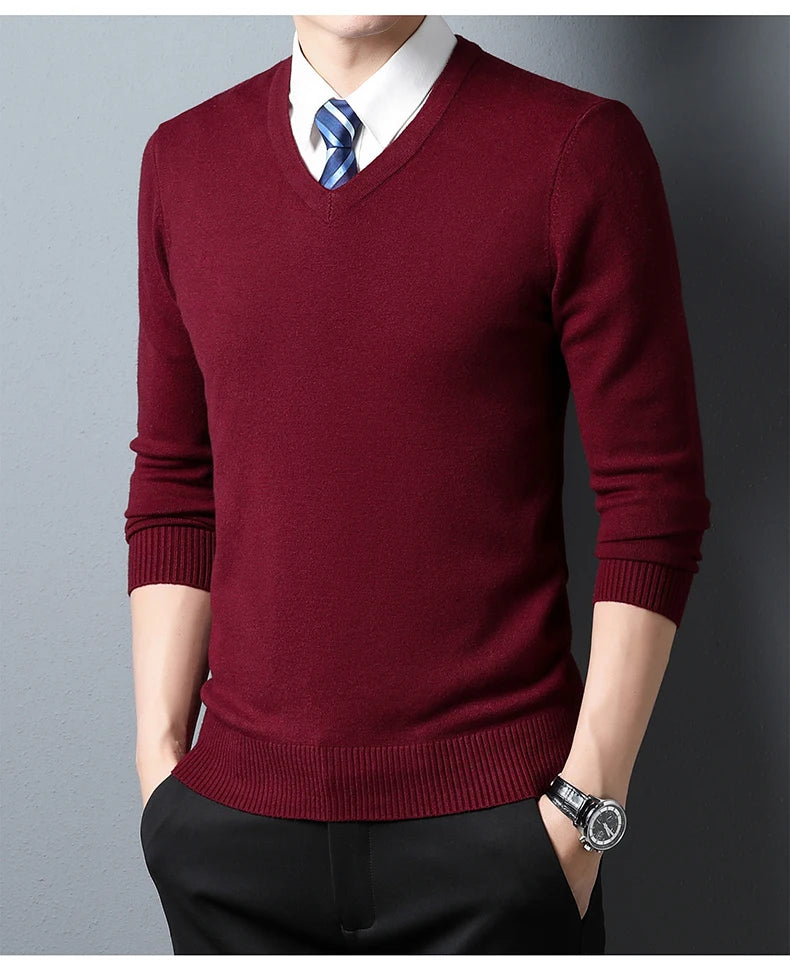 Men's Sweater Fashion Solid Color Warm Sweater Business Casual Heart Neckline Sweater Pullover Men