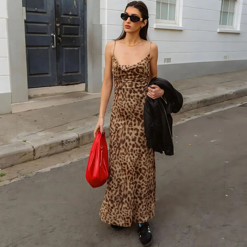 Vintage Leopard Print Chiffon Sexy Cami Dress Women V Neck Sleeveless Party Dress Fashion 2025 Summer Streetwear Dress