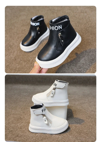 Kids Leather Boots Children Short Sport Boots Side Zipper Round-toe Classic Solid Color Non-slip Boys Girls Fashion Boots 2025