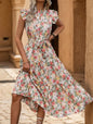 Elegant Floral Prints Dresses For Summer Women Dress 2025 New O-neck Short Flying Sleeves Lace Up High Waisted Midi Dress Woman