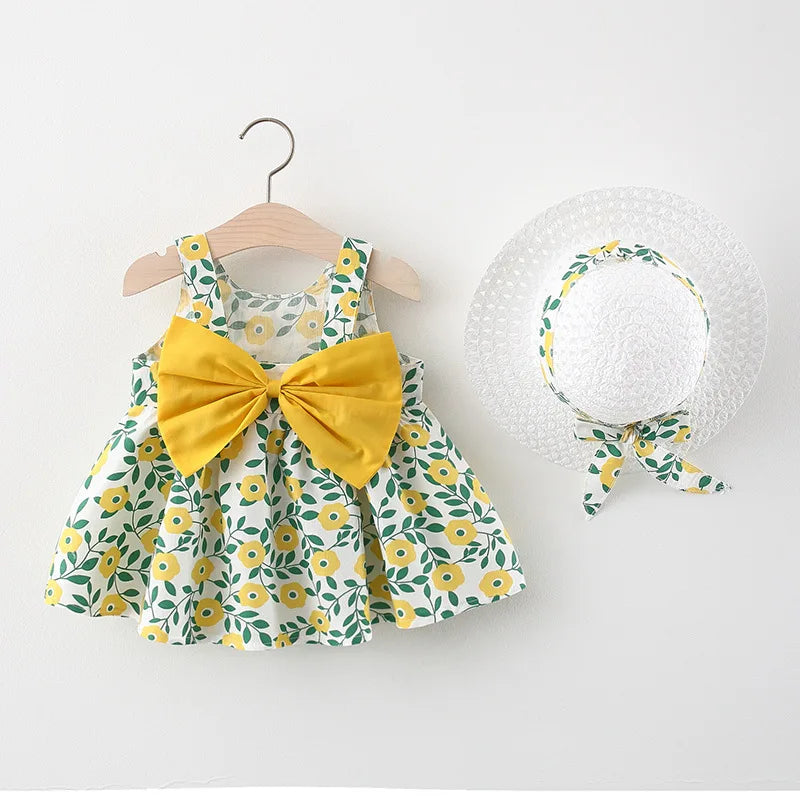 New In Summer Baby Girl Clothes Korean Cute Bow Dot Sleeveless Cotton Princess Dress+ Sunhat Toddler Dresses Sets BC007-1