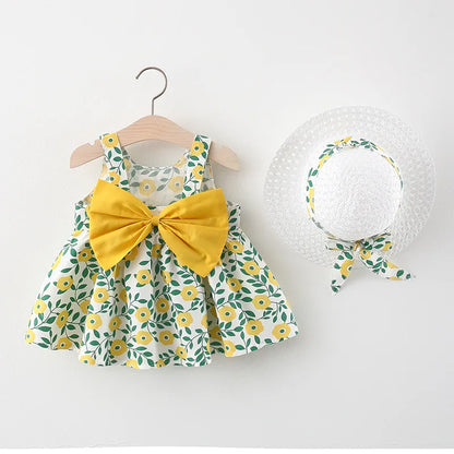 New In Summer Baby Girl Clothes Korean Cute Bow Dot Sleeveless Cotton Princess Dress+ Sunhat Toddler Dresses Sets BC007-1
