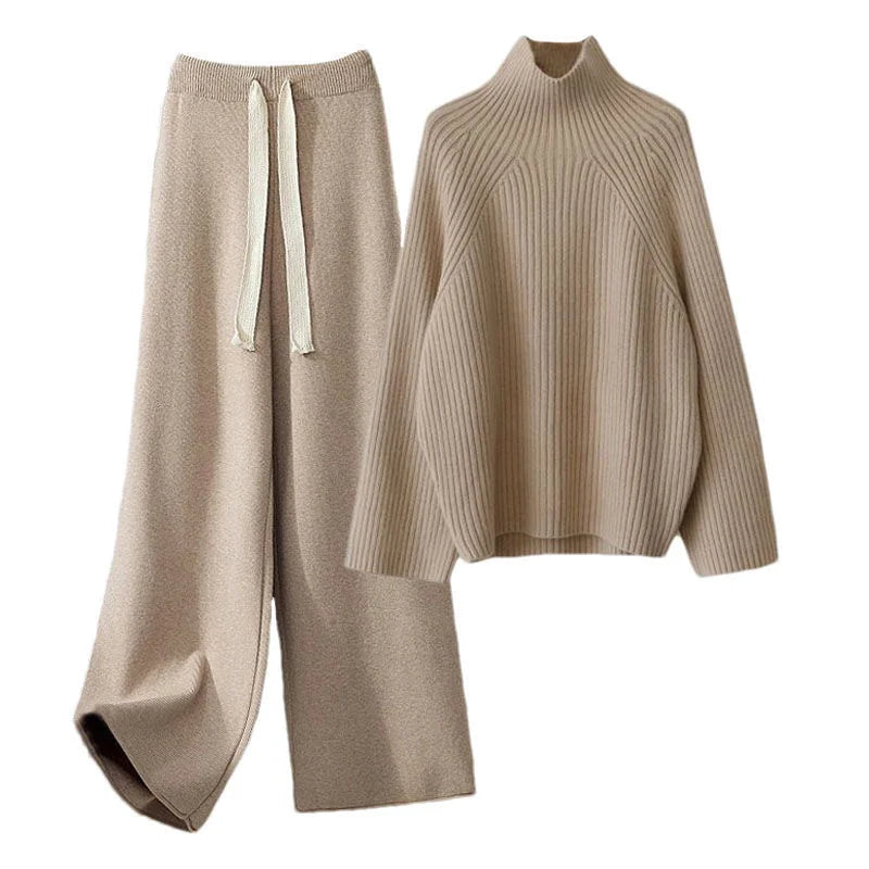 Winter Warm Knit wears Sets For Women Turtleneck Long Sleeve Pullover Sweater+ high Waist Wide Leg Drawstring Knitted Pants Sets