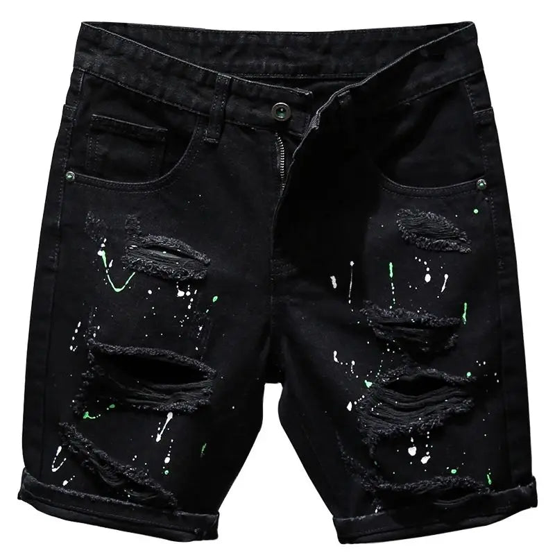 Fashion Summer New Casual Denim Jeans Knee Length Shorts for Men Black Cowboy Low Rise Ripped Holes Boyfriend Men's Denim Shorts
