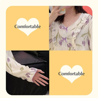 5XL Plus Size Pajama Set Women Lace Sweet Home Clothes Spring Autumn Long Sleeve Tops Trousers Loose-fit Comfortable Loungewear