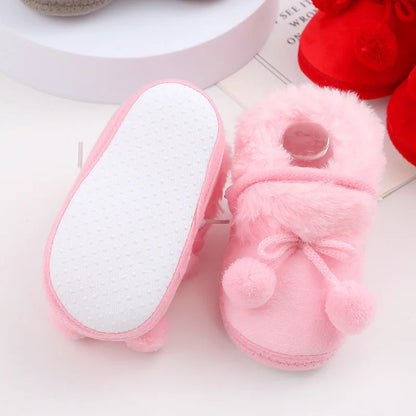 Winter Snow Baby Boots Faux Fur Warm Fluff Balls Indoor Cotton Soft Sole Infant Newborn Toddler Baby Shoes 0-18M