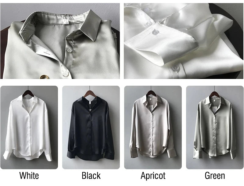 Spring Fashion Button Satin Silk Shirt Hong Kong Style Retro Shirt Women's White Top Women's Long sleeved Women's Loose Street