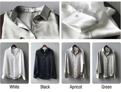 Spring Fashion Button Satin Silk Shirt Hong Kong Style Retro Shirt Women's White Top Women's Long sleeved Women's Loose Street