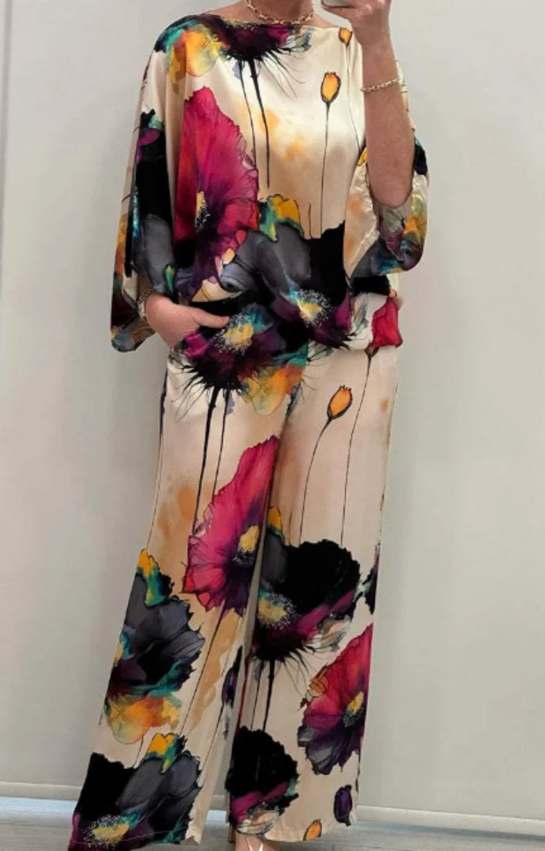 Conjuntos Para Majerus 2 Piazzas Women Printed Satin Two-piece Set, 3/4 Sleeve Round Neck Pants, Summer Fashion, pant Sets