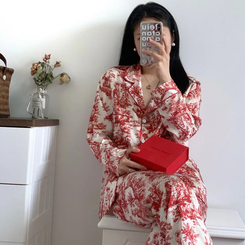 Fashion Print Flower 2PCS Pajamas Set Women Sleepwear Spring Summer Trouser Suits Lounge Wear Loose Satin Home wear Pajamas Suit