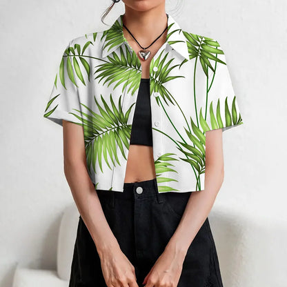 Women's Lapel Button Tank Tops Shirts Summer Casual Short Sleeve Shirts 3D Cherry Printed Women's Clothing Navel Exposed Shirts