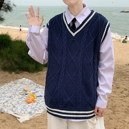 Men's Classic Contrast Color Thermal V-Neck Comfortable Cardigan Sleeveless Slight Stretch Solid Vest Simple Loose Waistcoat Tops