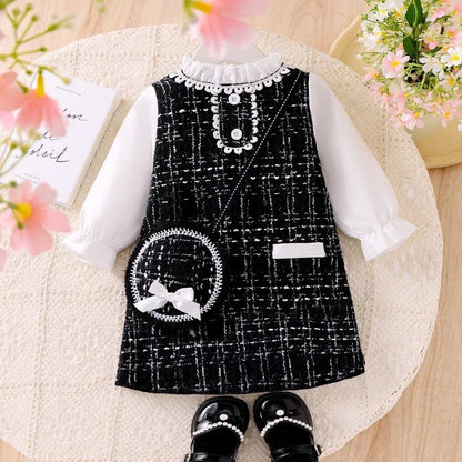 Dress for Kids 0-3 Years Old Plaid Fake Two Piece Long Sleeve Spring and Autumn Princess Dress OOTD for Newborn Baby Girl