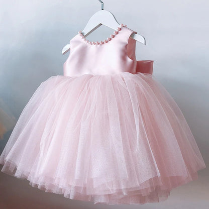 Toddler Baby Girls Dress Bow Baptism Dress for Girls 1 Yrs Birthday Party Wedding Beading Dress Formal Occasion Tutu Fluffy Gown