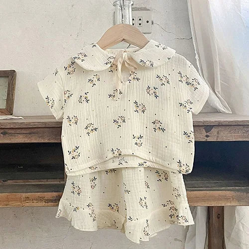 Korean Style Children Clothing Set Short Sleeved Cotton Printed T-Shirt+ Shorts Newborn Baby Girls Clothing Suit For Summer