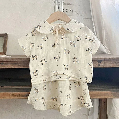 Korean Style Children Clothing Set Short Sleeved Cotton Printed T-Shirt+ Shorts Newborn Baby Girls Clothing Suit For Summer