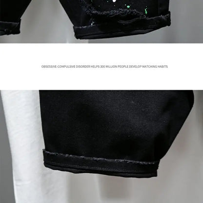 Fashion Summer New Casual Denim Jeans Knee Length Shorts for Men Black Cowboy Low Rise Ripped Holes Boyfriend Men's Denim Shorts